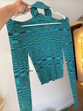 urban outfitters Teal & Navy Ribbed Long Sleeve With Neck Detail